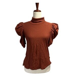 Nation LTD Women's Top Small Dawn Turtleneck in Red Clay Puff Sleeves Feminine